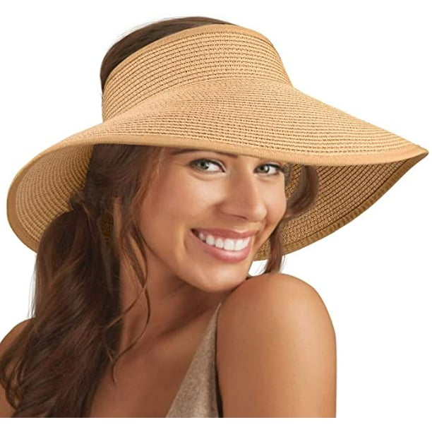 Vicera de paja plegable para mujer sombrero para playa alas ancha ajustable