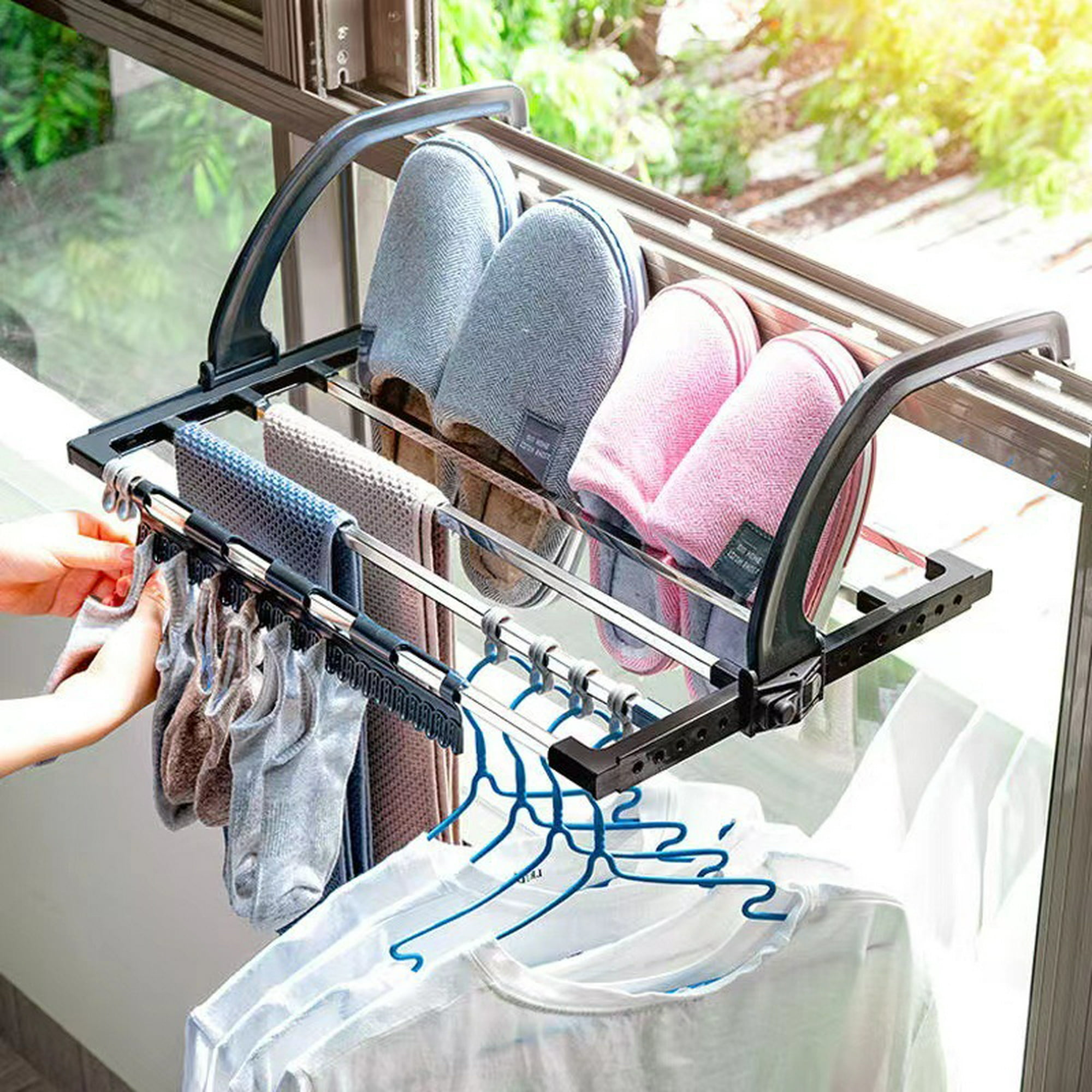 Tendedero de ropa plegable Balcón de acero inoxidable Colgar en la ventana  del baño del radiador para colgar ropa seca ropa mojada (67 * 32 cm)
