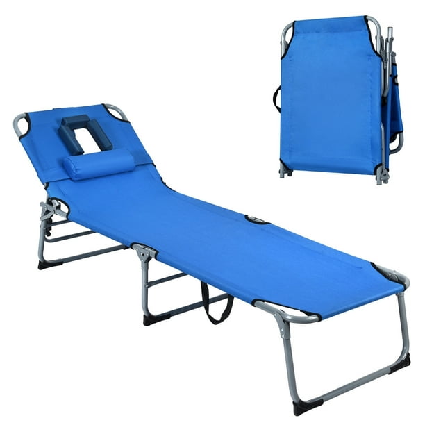 Tangkula Silla tumbona plegable para exteriores, silla reclinable ajustable  de 4 posiciones con almohada, silla de playa ligera y portátil para