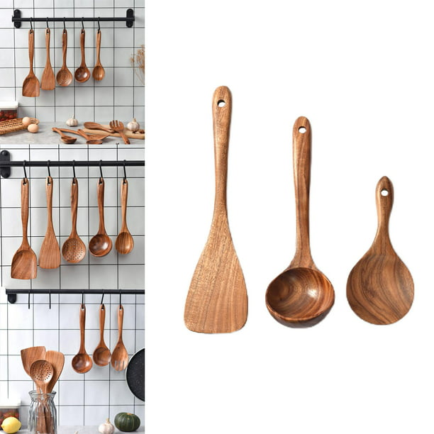 Juego de utensilios de cocina de madera, cucharas de madera de teca para  cocinar, espátula de madera antiadherente para cocinar, paquete de 8