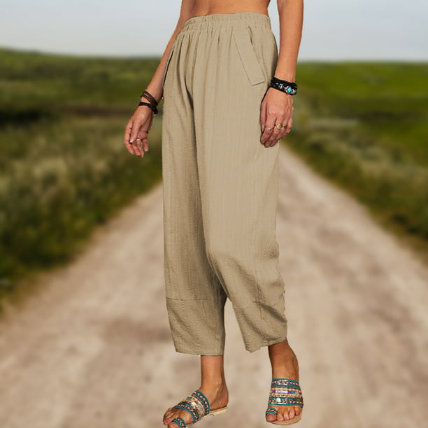 Pantalones capri para mujer con bolsillos, pantalones casuales de lino  sólido con cordón holgado, pantalones de verano para correr