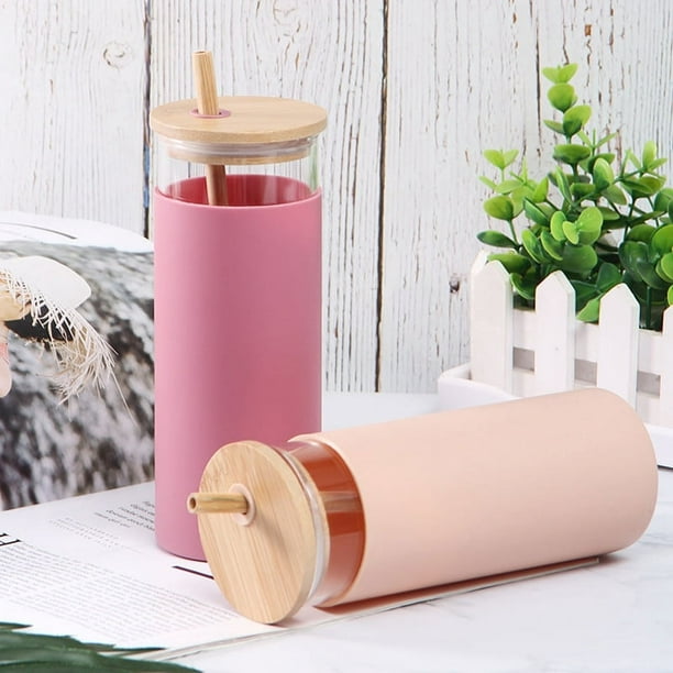 Botella de agua de vidrio de 500 ml con tapa de bambú y pajita, vaso de  agua de boca ancha, funda protectora de silicona con pajita SIN BPA - rosa  Vhermosa Termos
