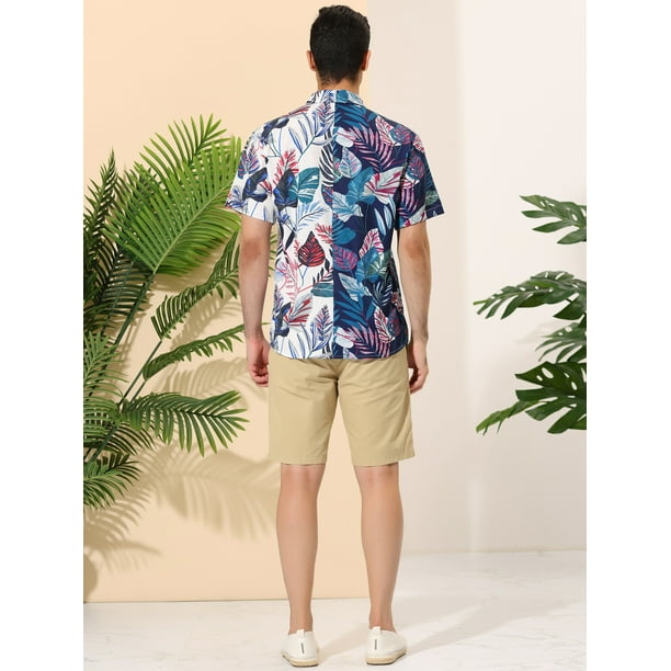Lars Amadeus Camisa de verano con estampado de hojas para hombre, corte  regular, manga corta, flores, hawaianas, patchwork, camisas con bolsillo  Blanco azul marino XL Lars Amadeus Camisas