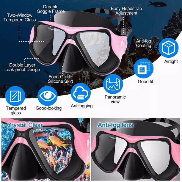 Kit De Gafas Buceo Con Snorkel Buceo Silicona 180°ajustables Rosa Malubero  Gafas De Buceo