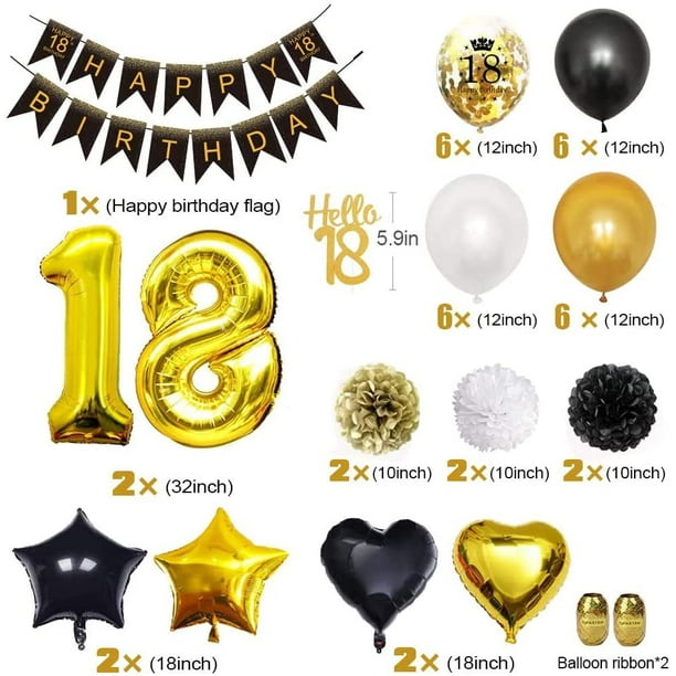 Decoraciones de fiesta de cumpleaños de 18 años en oro negro, 18