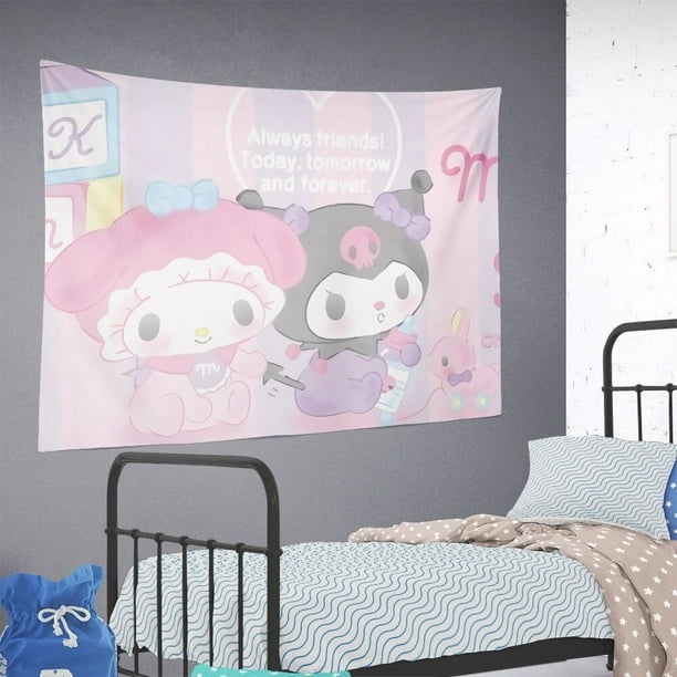 Kawaii Hello Kitty Sanrio My Melody Cinnamoroll Cartoon Blackgroud Cloth,  lindo tapiz de pared para dormitorio, decoración de habitación