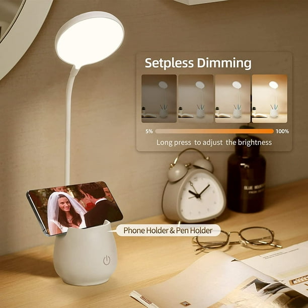 Lámpara LED de escritorio, lámpara recargable con puerto de carga USB,  soporte para bolígrafo, soporte para teléfono, pequeño estudio lindo para