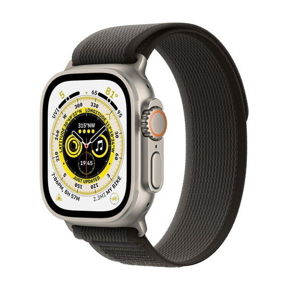 apple watch ultra  49 mm  titanio  reloj inteligente con trail loop  nailon suave de doble capa  negrogris  tamaño de la correa sm  32 gb  wifi lte uwb bluetooth  4g  216 oz manzana mqf43lla