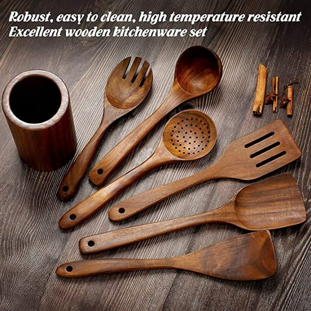 Utensilios de madera para cocinar, utensilios de cocina de madera, juego de  cucharas de madera de teca para cocinar, espátulas antiadherentes para