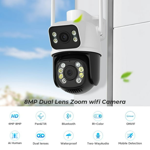 Cámara de seguridad de lente dual 4K, cámara WiFi PTZ de 8 MP, visión  nocturna al aire libre, detección humana de doble pantalla, protección de
