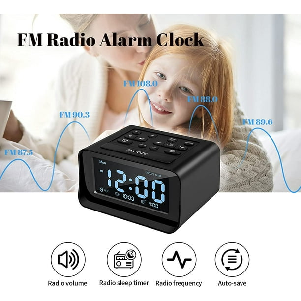Radio reloj con alarmas duales, reloj despertador digital con 2 puertos de  carga USB, 0-100 % regulable, volumen ajustable, termómetro interior  (negro) JAMW Sencillez