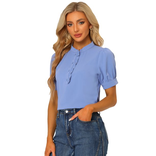 Top de blusa de trabajo con cuello redondo y mangas cortas con