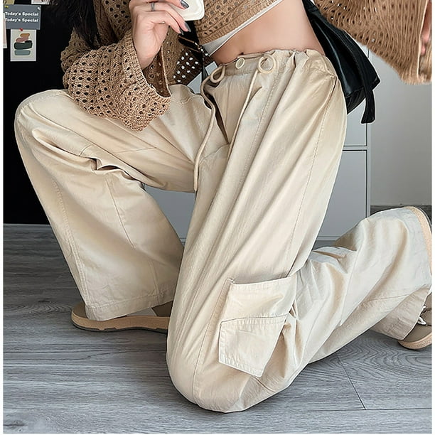 Gibobby Pantalones de trabajo para hombre Pantalones cargo a la moda para  mujer, pantalones rectos holgados ajustados de cintura alta de Color sólido( Beige,CH)