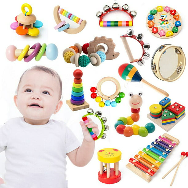 Juegos educativos de madera para niños, juguetes de madera para el  desarrollo del bebé, sonajeros Montessori, juguetes para bebés de 0, 6, 12  meses, 1 y 2 años Fivean unisex