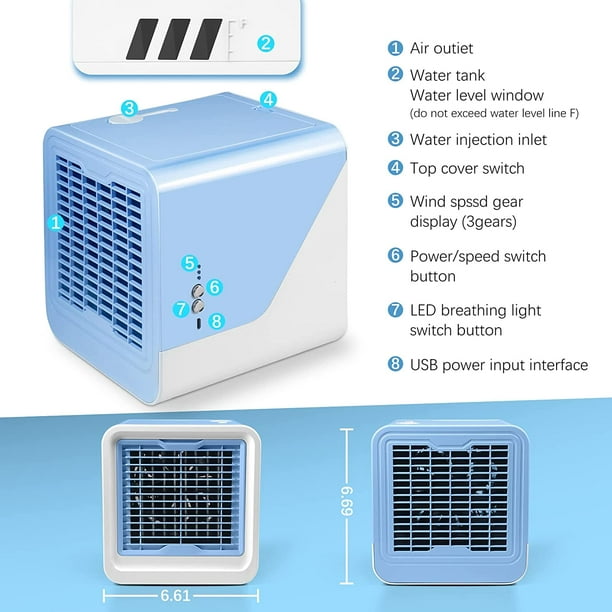 Aire acondicionado portátil, enfriador de aire personal 3 en 1,  humidificador de aire evaporativo compacto, ventilador de aire  acondicionado de