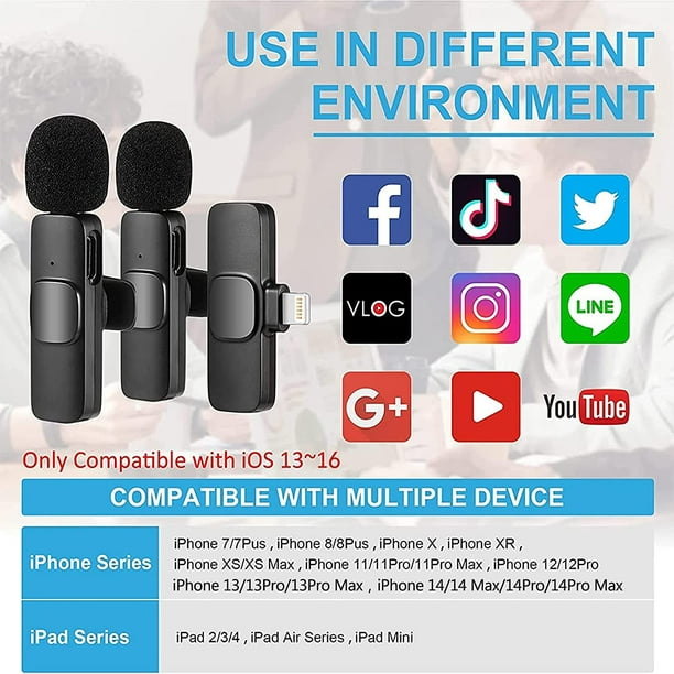 Micrófono inalámbrico para iPhone iPad, micrófono lavalier inalámbrico  Plug-Play