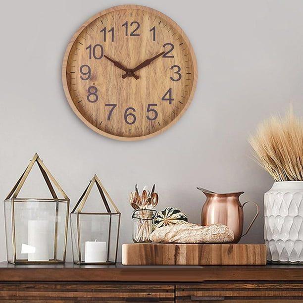 Reloj de pared para comida waffle, reloj de pared redondo de madera,  movimiento silencioso, funciona con pilas, reloj rústico de granja de 15