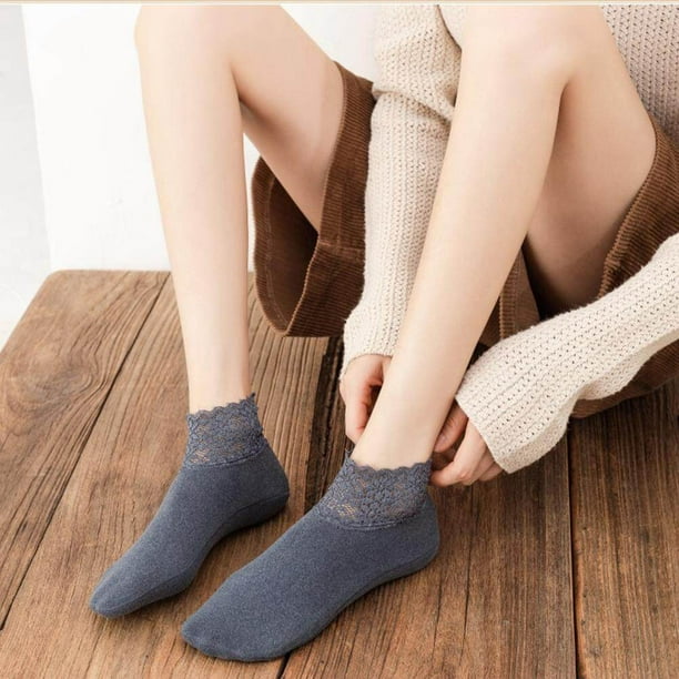 5 pares de calcetines tobilleros para mujer, calcetines antideslizantes con  volantes de encaje de invierno, calcetines cálidos de corte bajo para botas  hasta el tobillo para mujer