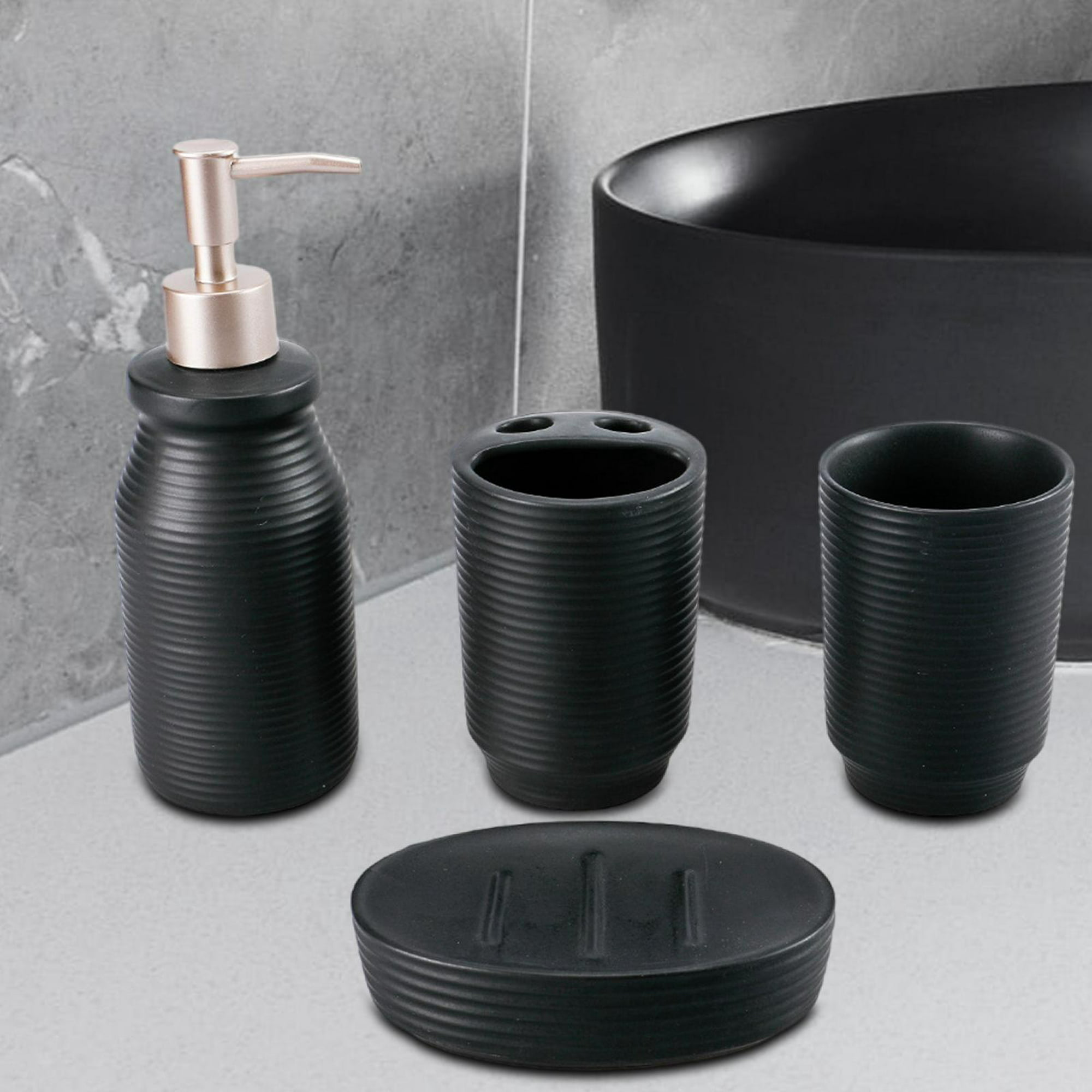  Elegante juego de accesorios de baño negro mate, juego completo  de 4 piezas, decoración de baño moderna, organizador de baño, accesorios  para baño, soporte para cepillos de dientes, dispensador de jabón