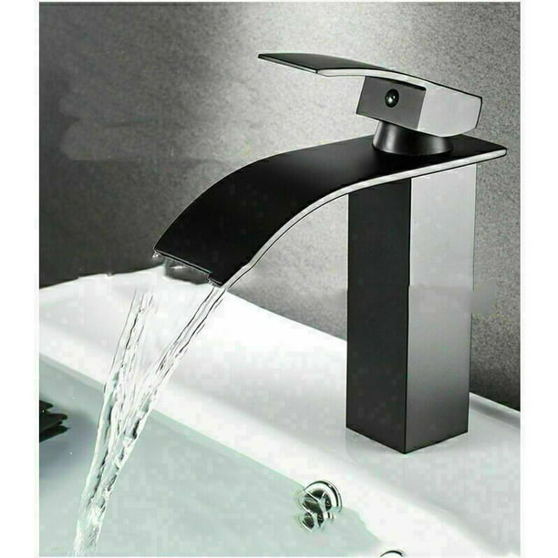 BESy - Grifo de baño con boquilla de cascada, color negro, de una sola  llave, grifo de lavabo para Rv con placa de cubierta, latón, negro mate, 1  o 3