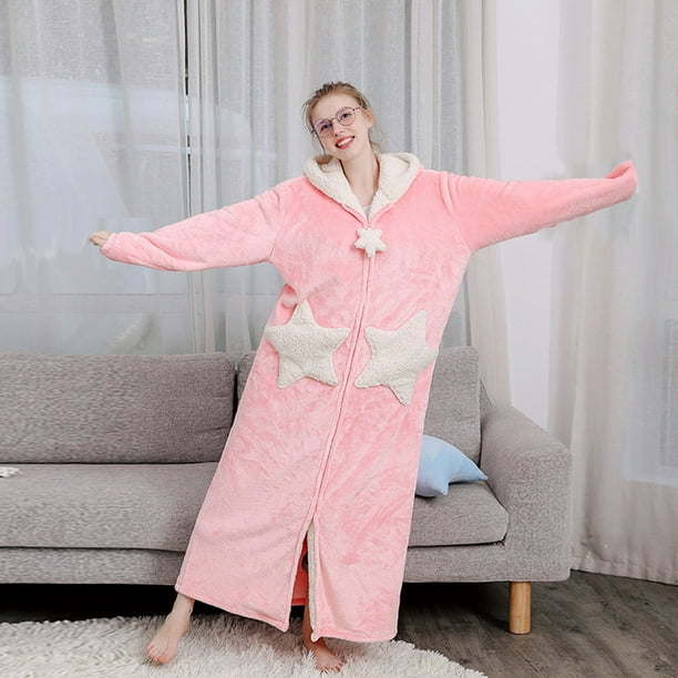 Bata de baño con capucha, batas de forro polar para mujer, pijama de  terciopelo coral, para invierno, engrosamiento, dulce bata de baño (color  rosa