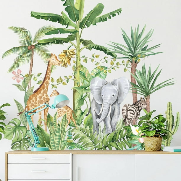  Un conjunto de pegatinas de pared de animales de la selva tropical de  dibujos animados extraíbles, calcomanías de elefantes de jirafa de plantas,  decoración de arte de pared DIY JAMW Sencillez |
