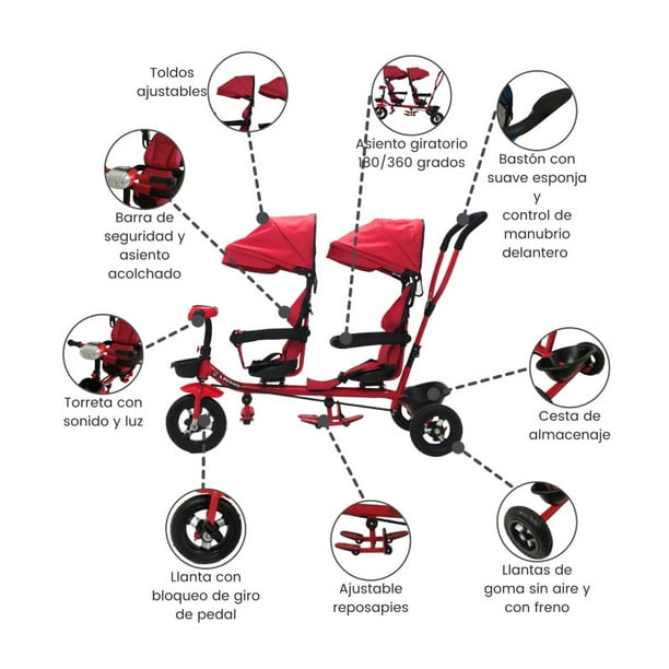 Triciclo Evolutivo The Baby Shop Doble Gemelar para Niños 2 Asientos  Giratorios Rojo 