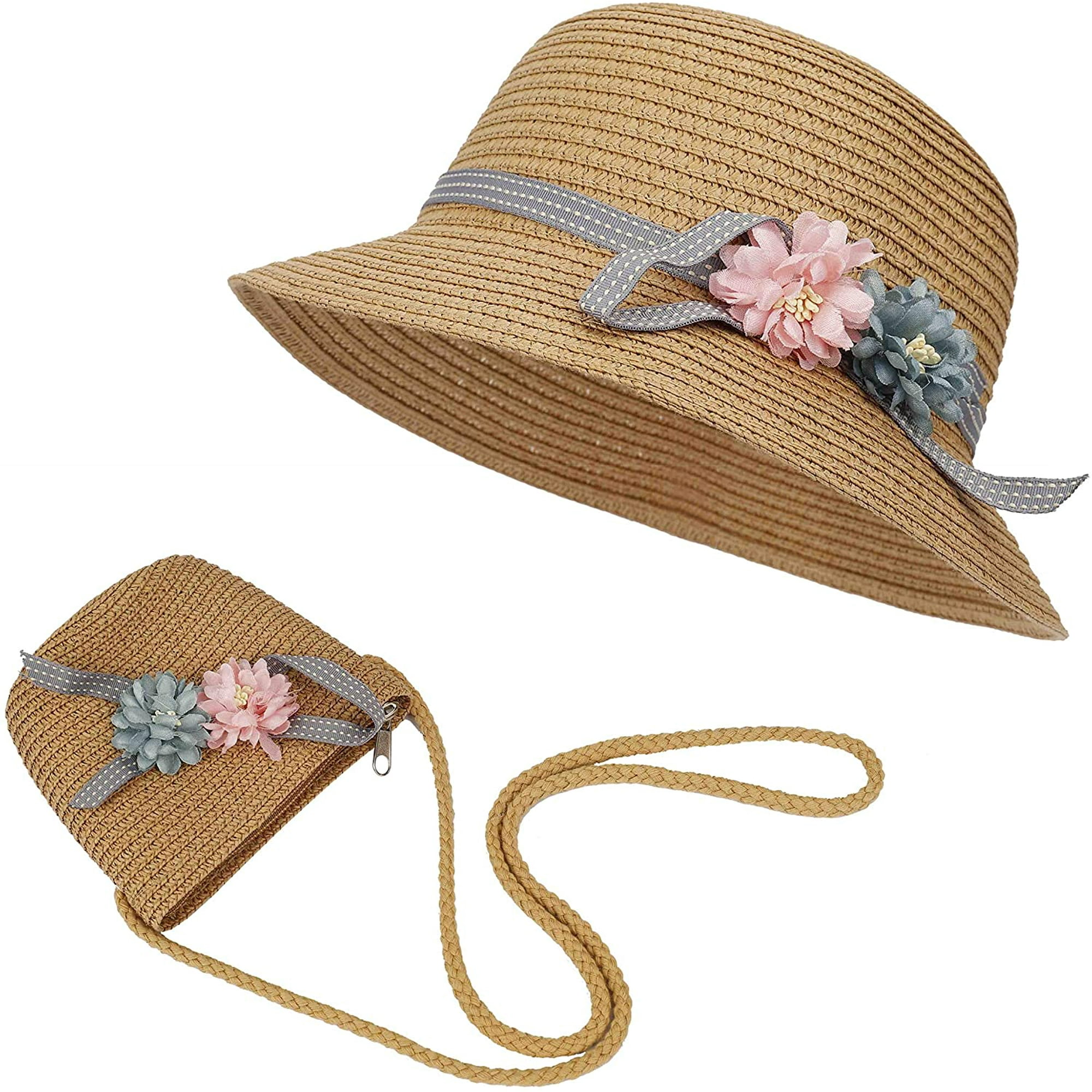 Sombrero de paja y conjunto de bolsa pequeña, sombrero de sol de verano  para niñas y niños con decoración de flores para vacaciones, viajes,  actividades al aire libre Adepaton MZQ-0683-1