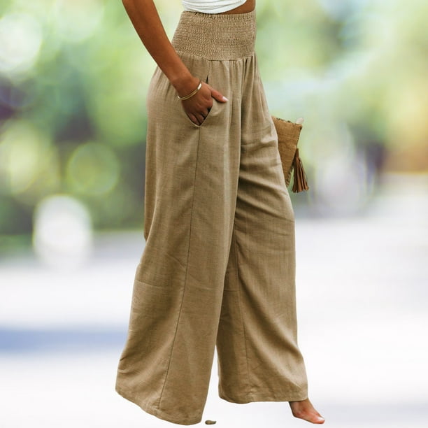 Pantalón de verano para mujer, de tela de lino y algodón, elástico, pierna  ancha, pantalones largos, holgados, de color sólido, pantalones casuales de