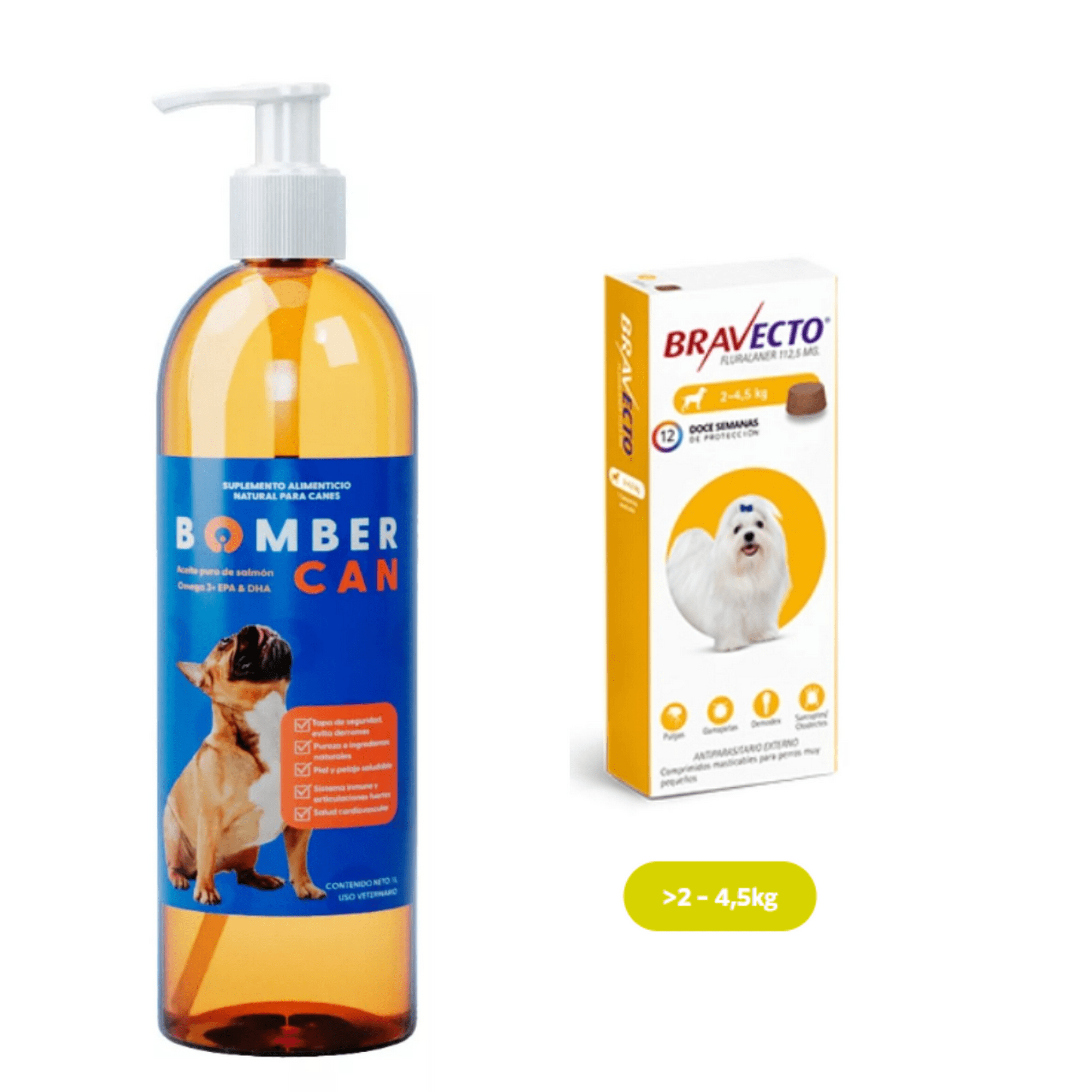 Combo salmon oil aceite de salmon bomber can 1 lt + con tableta masticable de 112.5mg antipulgas y garrapatas