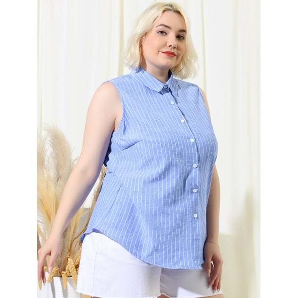 Camisas con botones de oficina sin mangas de talla grande para mujer Top Cielo azul 4XL Unique Bargains Camisa