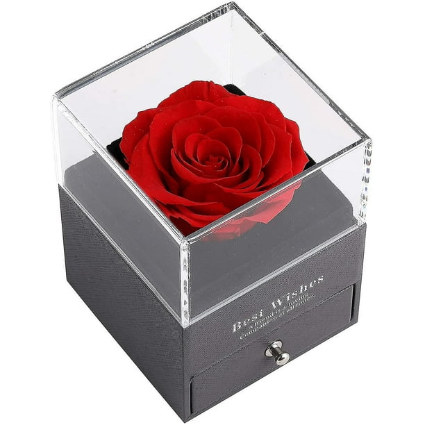 QWERTYUKJ Caja de regalo de flores eternas, joyería de rosas preservadas  hechas a mano, rosas rojas reales encantadas para aniversario, día de San