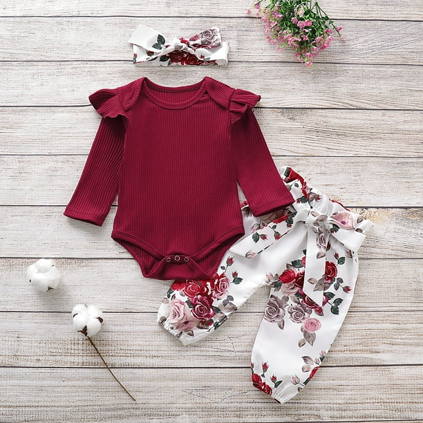 Con estampado de traje de bebé niña con volantes y pantalón floral superior  con diadema Conjunto de XBTCLXEBCO Rojo, 0-3 meses