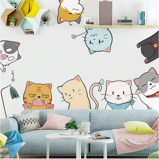 Pegatinas de pared de gatitos y gatos de Buerhomie, arte de pared de  guardería de anime, murales de pared para bebés, decoración de dormitorio  para niños, arte de pared de póster para