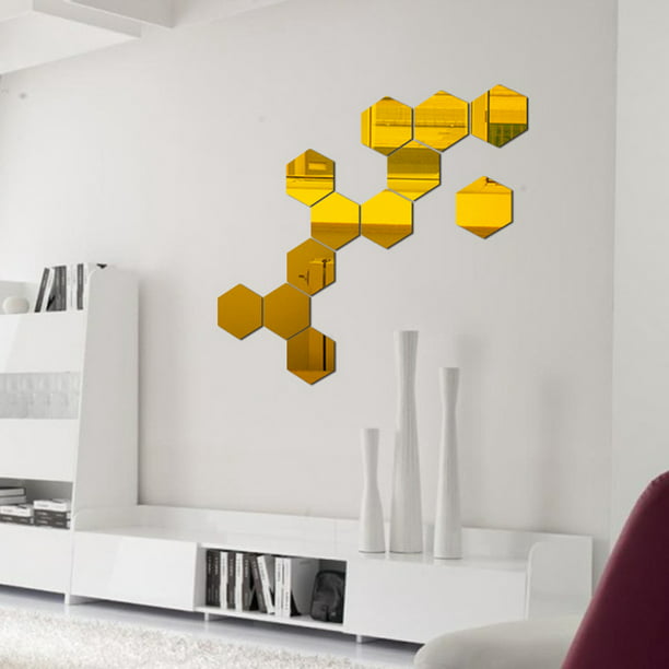 12 espejos autoadhesivos con forma hexagonal para la decoración del hogar,  azulejos de plástico autoadhesivo para la pared de la sala, comedor o