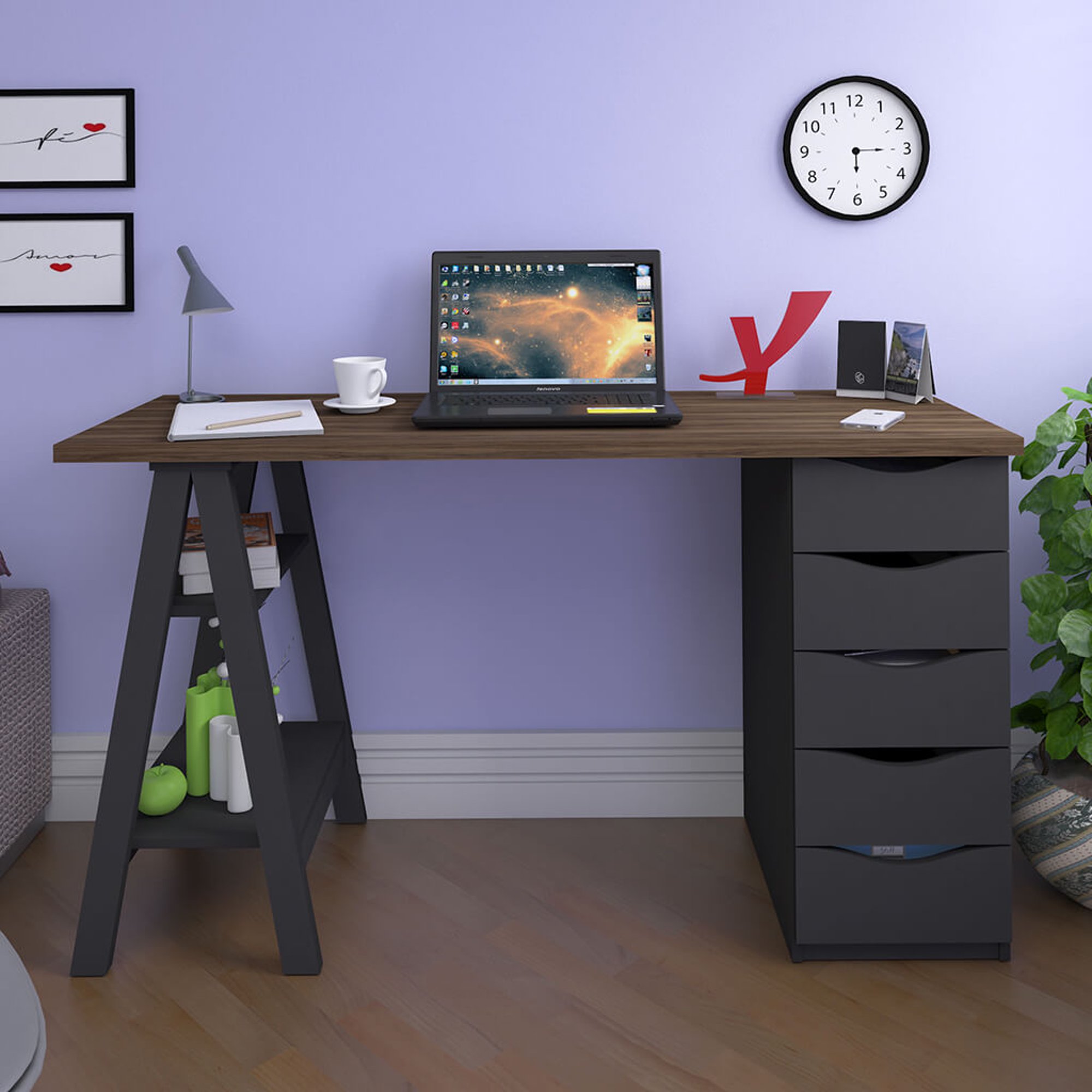 Escritorio para computadora de dos niveles con librero para impresora, para  la oficina o el hogar, escritorio con ruedas, mesa de color negro