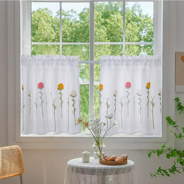 Cortinas medias para ventanas de cocina, sala de estar, cafetería, cortinas  y persianas de bistro, cortinas de gasa con estampado floral, bolsillo