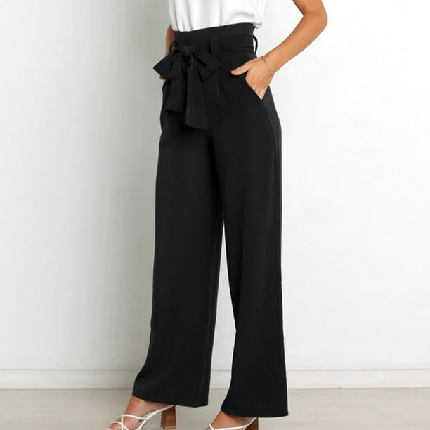 GENERICO Pantalones anchos de cintura alta elásticos con botones para  mujer-negro.
