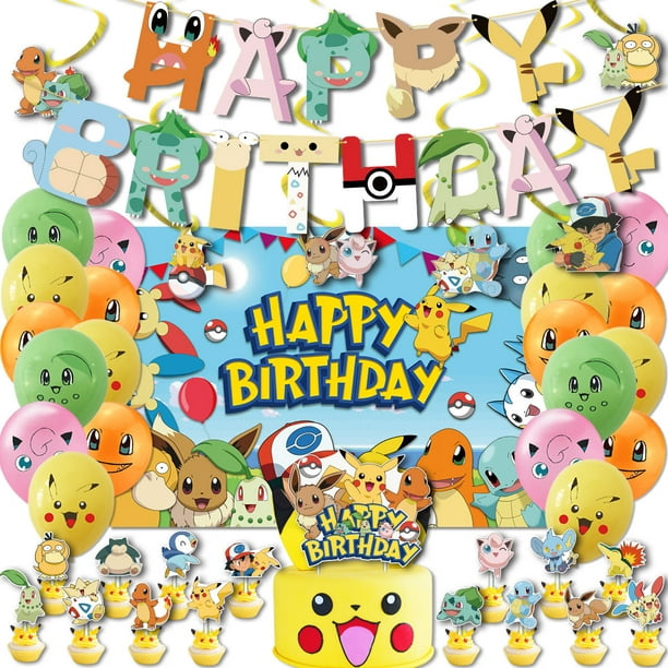 Decoración de fiesta de cumpleaños con tema de Pokemon, bandera para tirar  de letras, tarjeta para p liwang