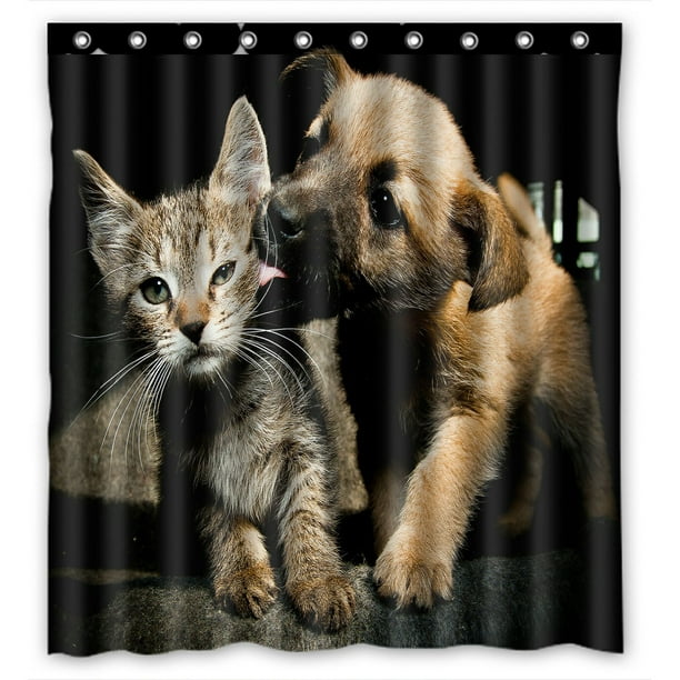 ABPHQTO Puppy Kitty Lick Kiss And Love Cortina de ducha de poliéster  impermeable y ganchos 160x180 cm