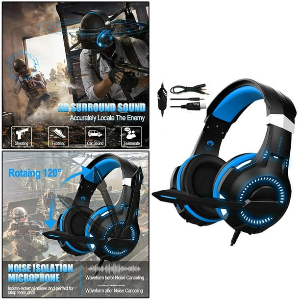  Auriculares estéreo con cable para juegos USB, auriculares  grandes estéreo con micrófono para PS4 X-Box Gamer PC (color: azul sin LED)  : Videojuegos