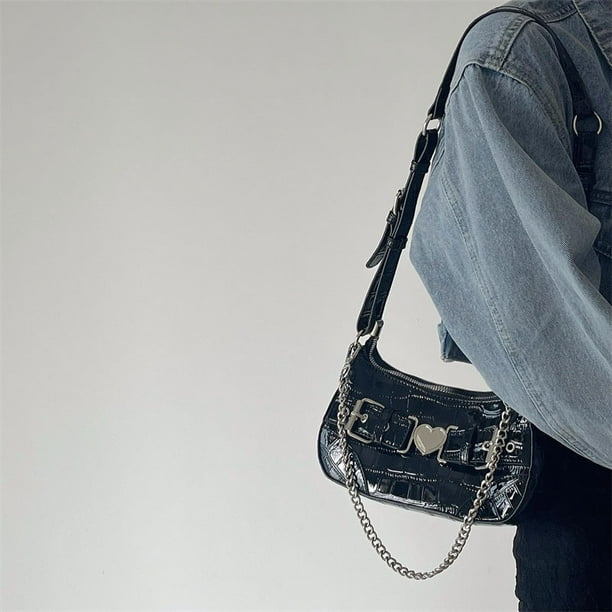  XPONNI Bolso Y2k con cadena, bolso gótico de poliuretano,  accesorios Y2k, bolsos de hombro pequeños para mujer cruzada (negro), Negro  - : Ropa, Zapatos y Joyería