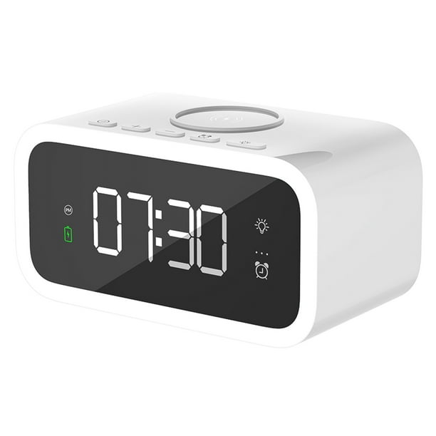 Reloj despertador de radio de noche con cargador USB, altavoz Bluetooth,  carga inalámbrica QI, alarma dual, pantalla LED regulable (gris)