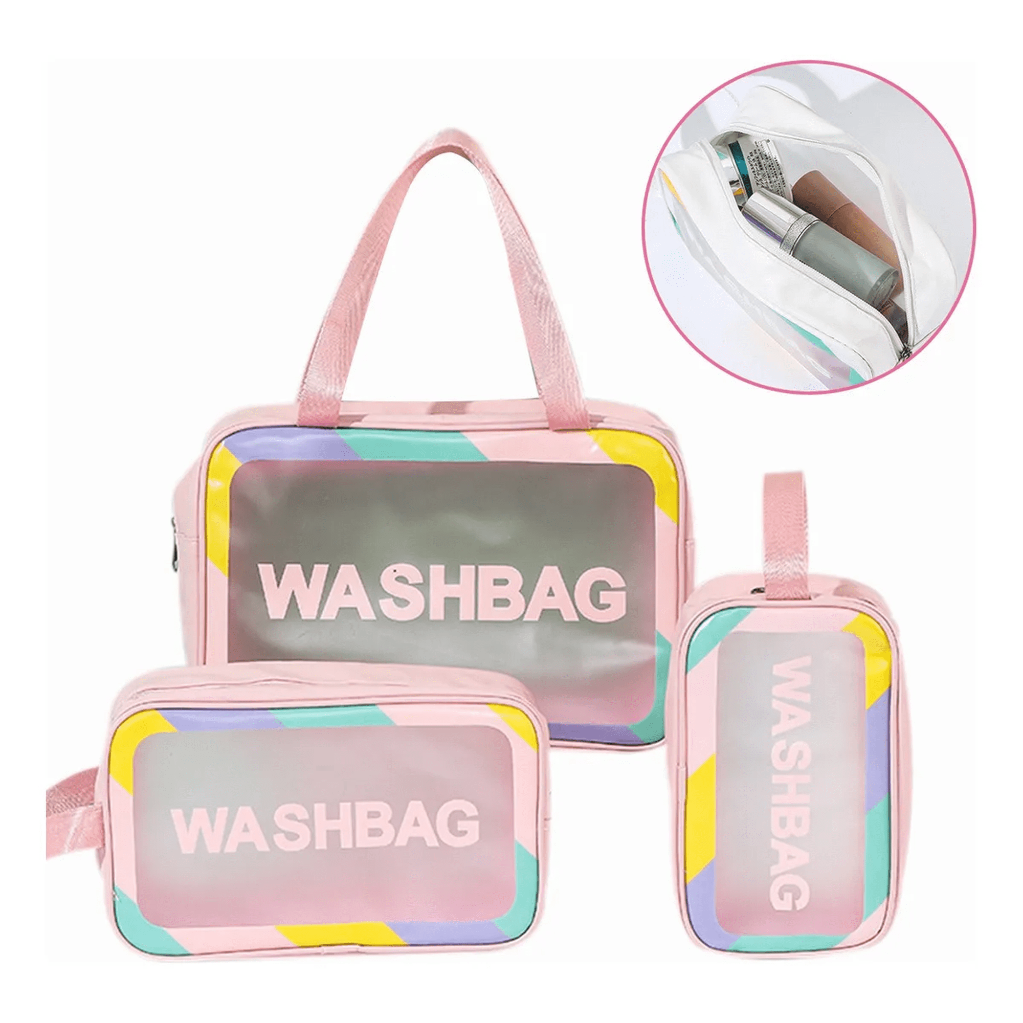 3 pcs impermeable de viaje cosmetiquera transparente xtellar rosa pu