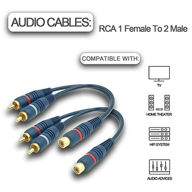 Conector adaptador RCA Y 1 hembra a 2 machos, cable adaptador divisor RCA  de audio para automóvil, azul (paquete de 2)