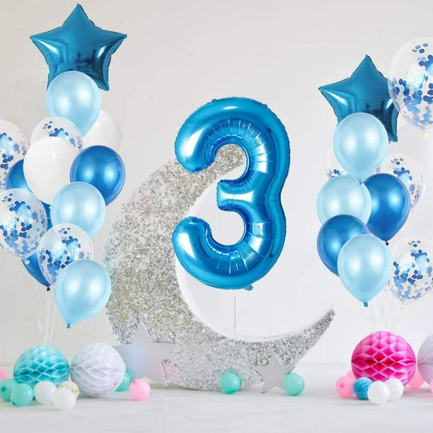 Globo de cumpleaños para niño de 3 años, decoraciones de cumpleaños azules  de 3 años, globos de cumpleaños número 3, globos de confeti de látex