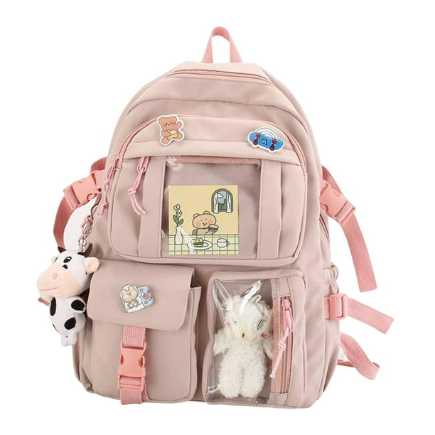 Mochila escolar y mochila para niñas aislado conjunto de dibujos animados. mochilas  para estudiantes y mochilas con bolsillos con cremallera, caras de  animales, orejas y patas, estrellas, flores y tirantes