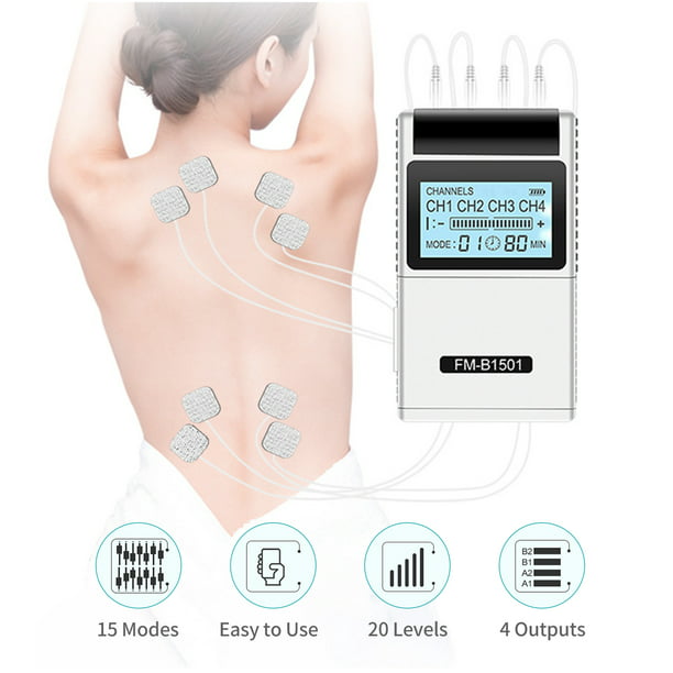Estimulador muscular TENS EMS 15 modos y 4 salidas 8 almohadillas para  aliviar el dolor natural Impulso de pulso eléctrico Mini máquina  masajeadora Máquina portátil de electroterapia Abanopi Estimulador muscular