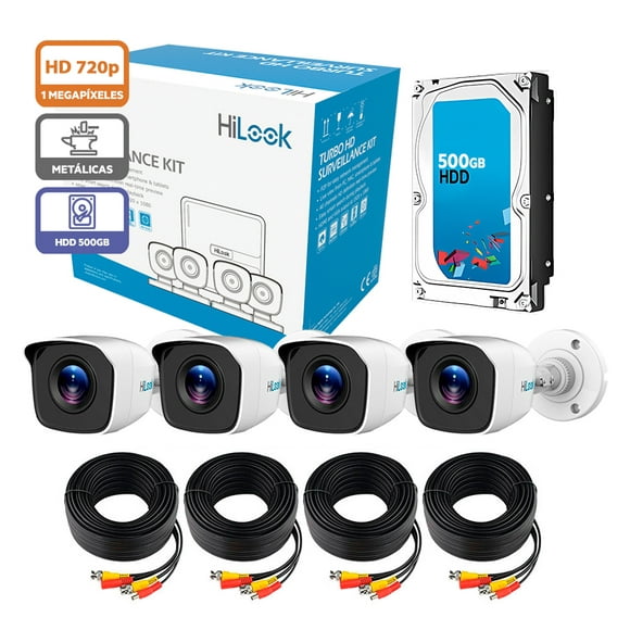 kit cámaras de seguridad de 4 cámaras hd 720p bala color blanco metálicas  disco duro 500gb