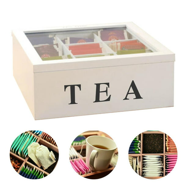  Caja de té, organizador de bolsas de té, bolsa de té hueca de  madera con 9 compartimentos, contenedor de té para café, té, azúcar,  bebidas, cápsulas de té, hogar, oficina, fiesta